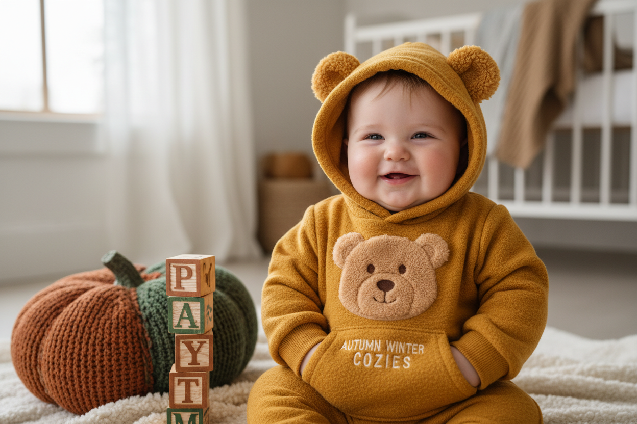 Bebé con sudadera color mostaza de osito  colección otoño invierno